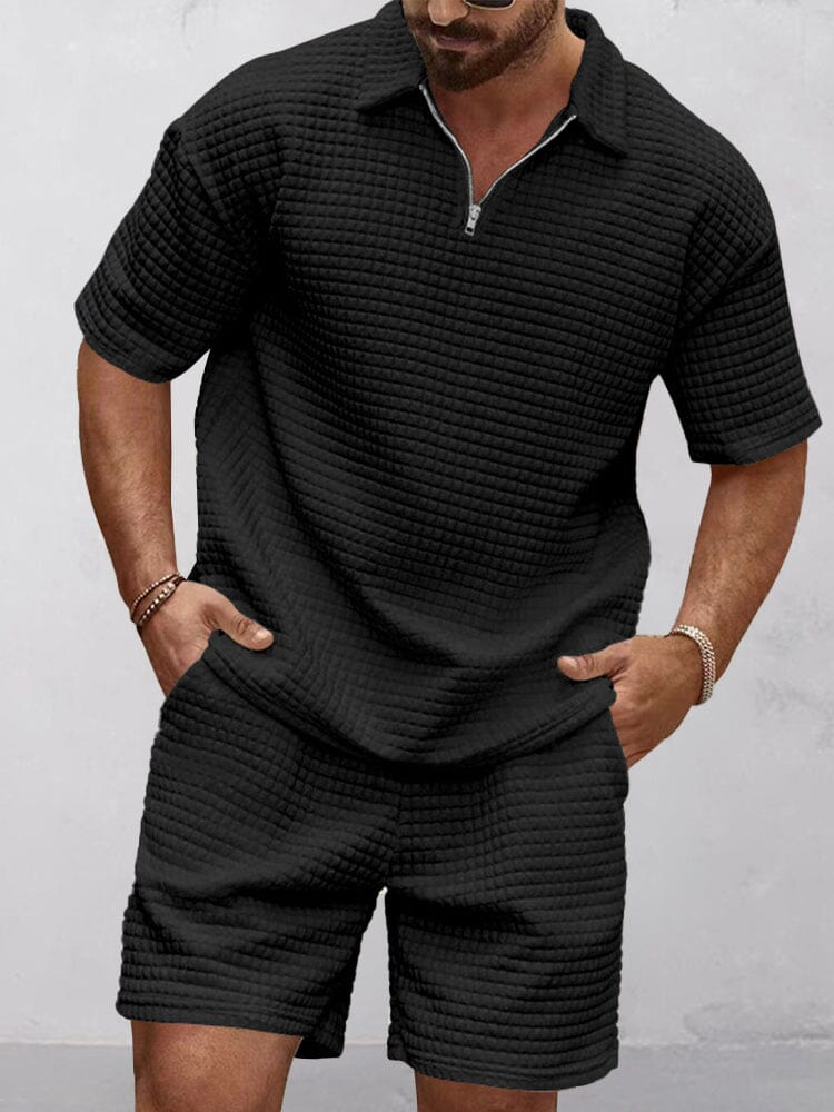 Men's Casual Art Print Waffle Texture Summer Polo Set 078