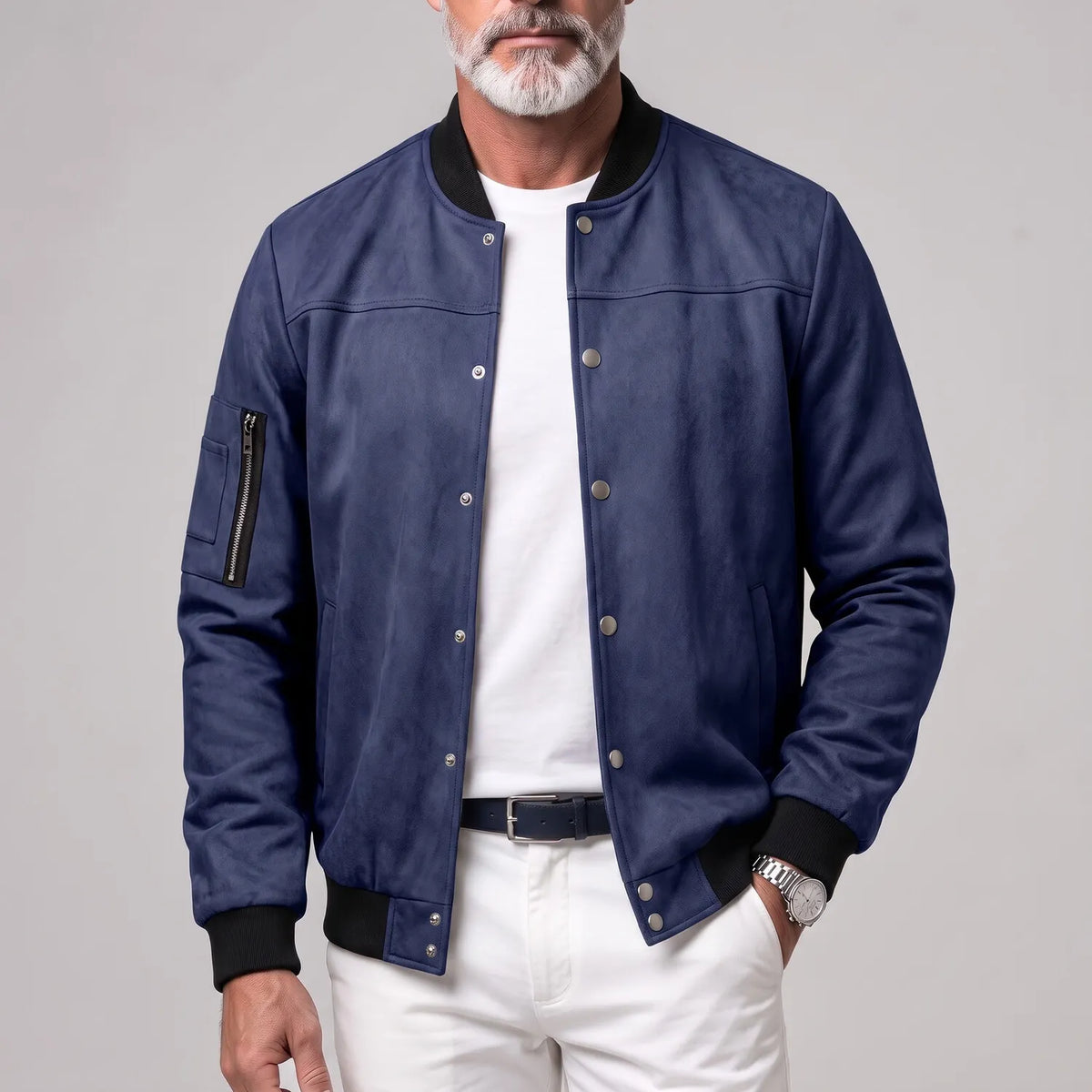 Men's Suede Stand Collar Zipper Pocket Snap Button Casual Bomber Jacket