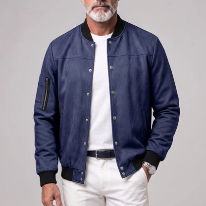 Men's Suede Stand Collar Zipper Pocket Snap Button Casual Bomber Jacket