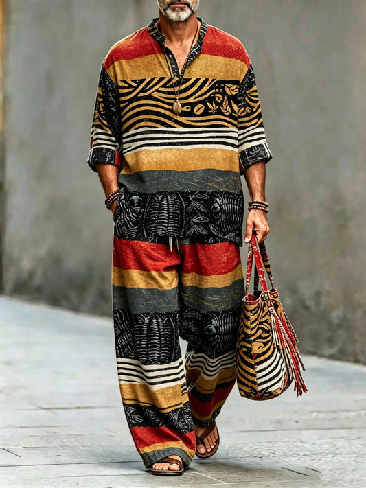 Men's Vintage Abstract Art Printed Cotton Shirt Set (Top & Pants)