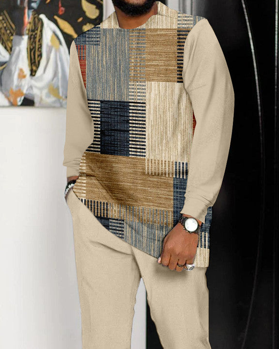 Men's Colorblock Print Long Sleeve Sports Walking Suit -323