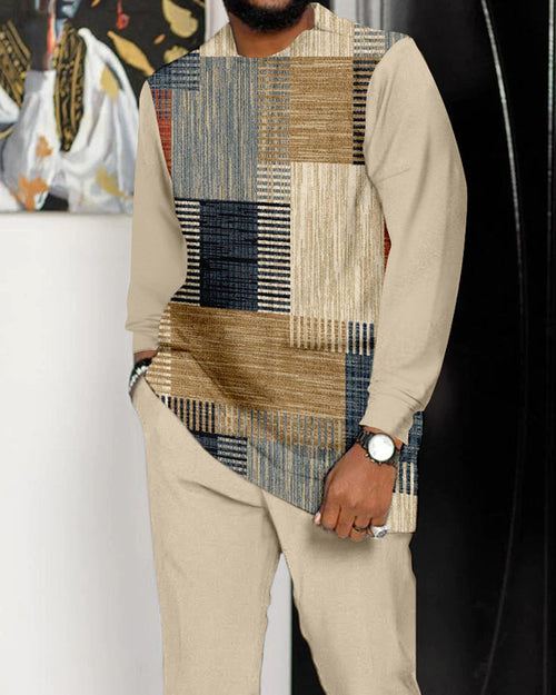 Men's Colorblock Print Long Sleeve Sports Walking Suit -323