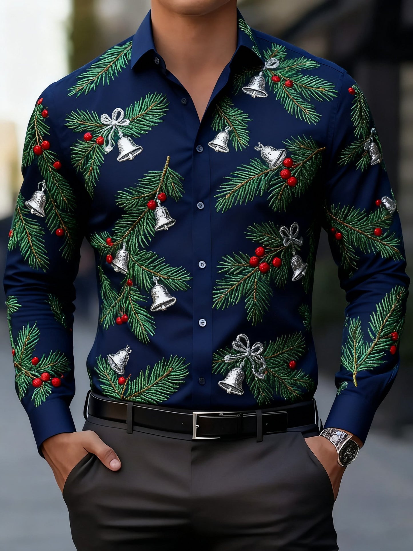 Men's Business Christmas Print Long Sleeve Shirt