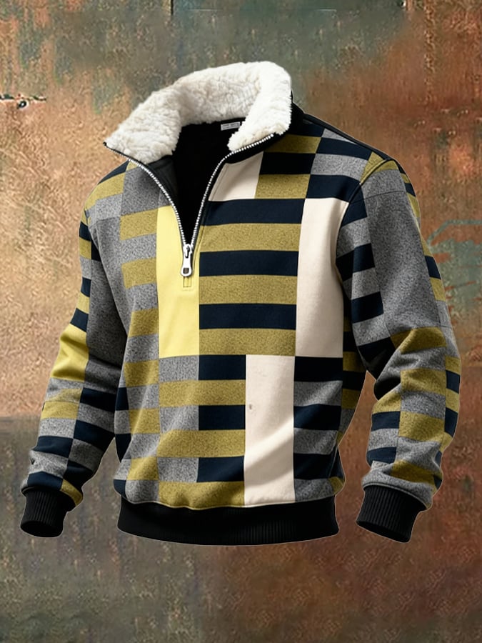 Men's Retro Color Block Print Casual Fur Collar Sweatshirt