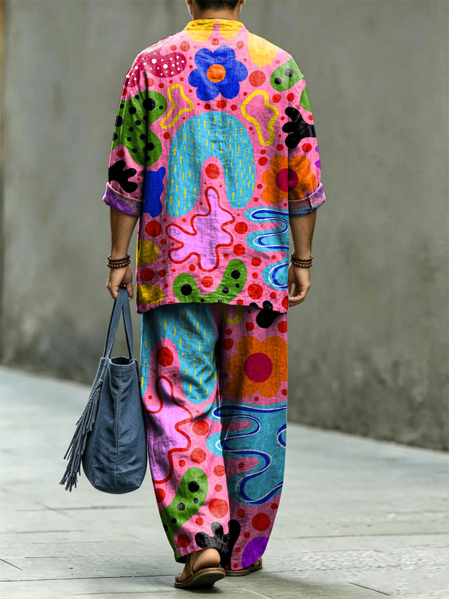 Men's Retro Abstract Geometric Print Casual Linen Two-piece Set (top & Pants)