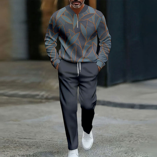 Men's Casual Color Matching Printed Round-Neck Zipper Long Sleeved Trousers Two-Piece Set