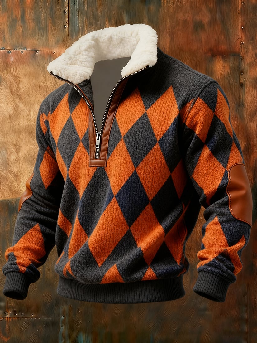 Men's Retro Geometric Quarter Zip Fleece Neck Sweatshirt