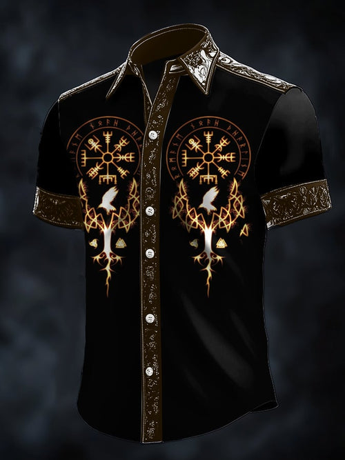 Men's Casual Dark Viking Print Satin Shirt