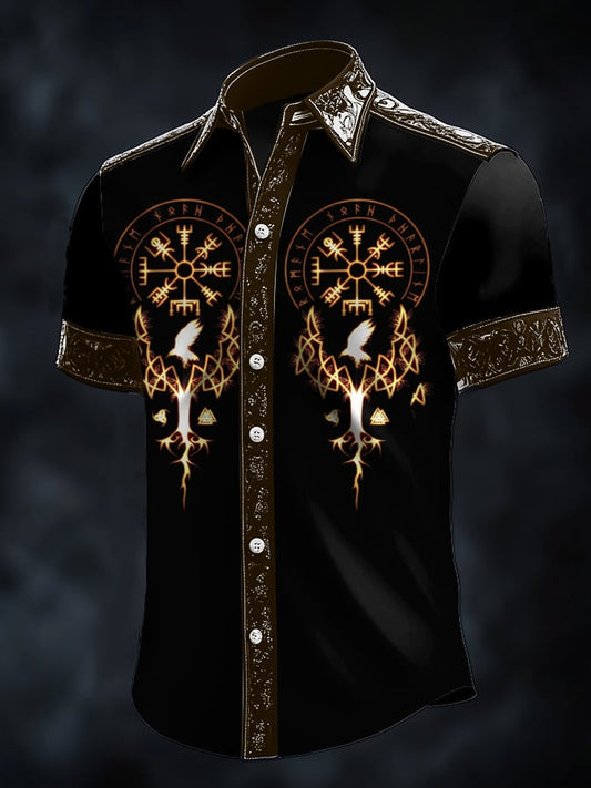 Men's Casual Dark Viking Print Satin Shirt
