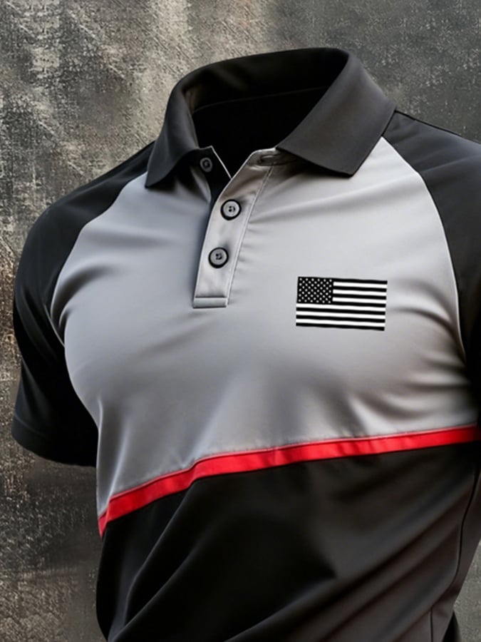 Men's Retro Patriotic Color-Block Short-Sleeve Polo Shirt