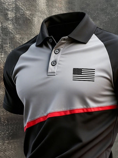 Men's Retro Patriotic Color-Block Short-Sleeve Polo Shirt