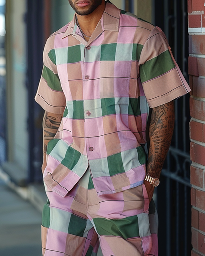 Men's Textured Short Sleeve Printed Two-Piece Walking Pants Set
