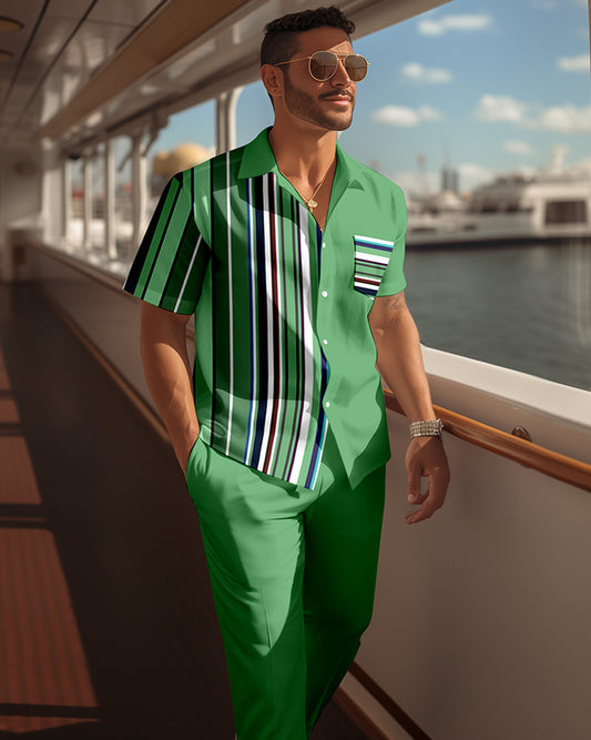 Men's retro colorblock short-sleeved shirt walking Suit 1682