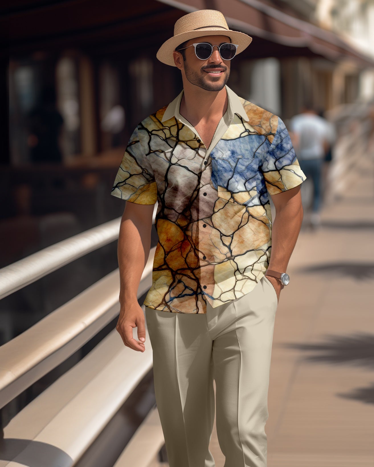Men's retro colorblock short-sleeved shirt walking Suit 1674