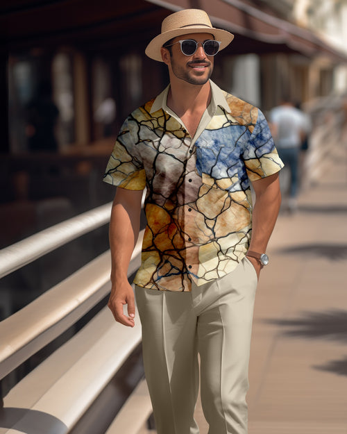 Men's retro colorblock short-sleeved shirt walking Suit 1674