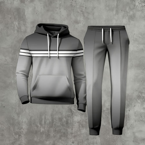 Men's Casual Gradient Gray Color Printed Long-Sleeve Hoodies Sweatshirt & Trousers Two-Piece Set