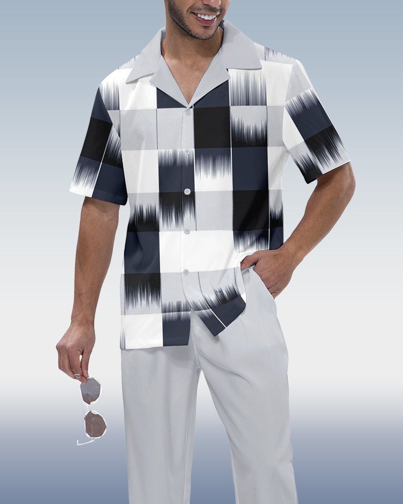Rianmond Men's Check Print Short Sleeve Shirt Walking Set 249