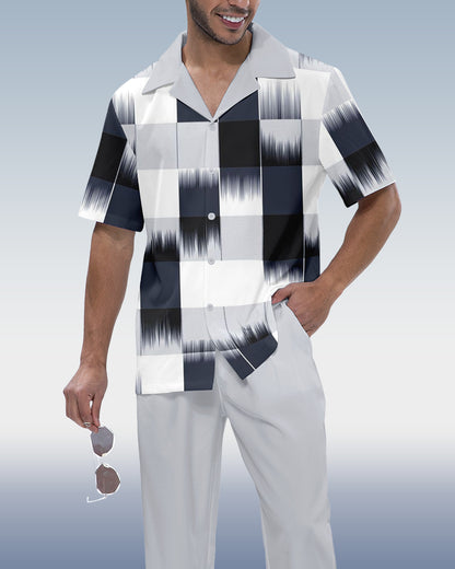 Rianmond Men's Check Print Short Sleeve Shirt Walking Set 249
