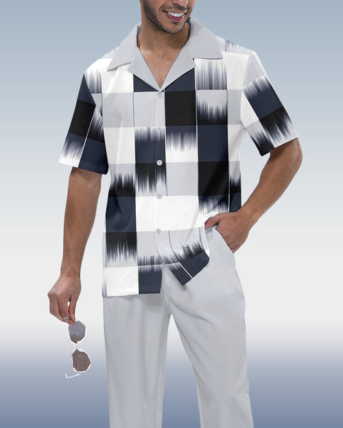 Rianmond Men's Check Print Short Sleeve Shirt Walking Set 249