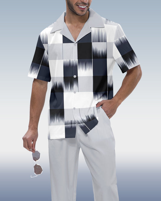Rianmond Men's Check Print Short Sleeve Shirt Walking Set 249