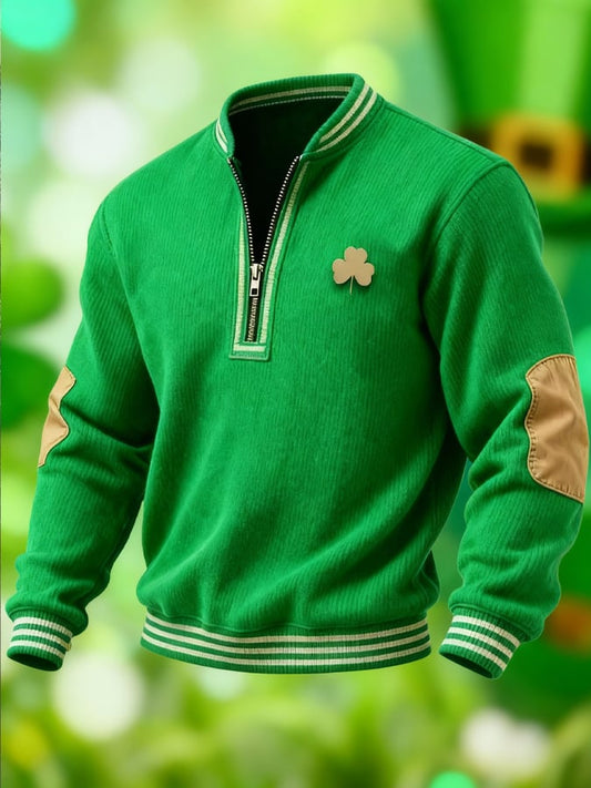 (Detachable Shamrock Brooch Included) Men's Casual St. Patrick's Day Color-Block Half-Zip Stand-Collar Long-Sleeved Sweatshirt