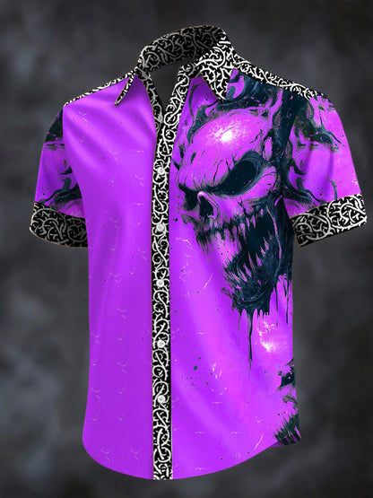 Men's Retro Horror Skull Print Lapel Short Sleeve Shirt