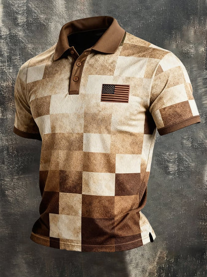 Men's Retro Patriot Color Block Polo Collar Short Sleeve