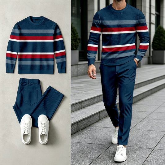Men's Striped Patchwork Crewneck Sweatshirt and Pants Set
