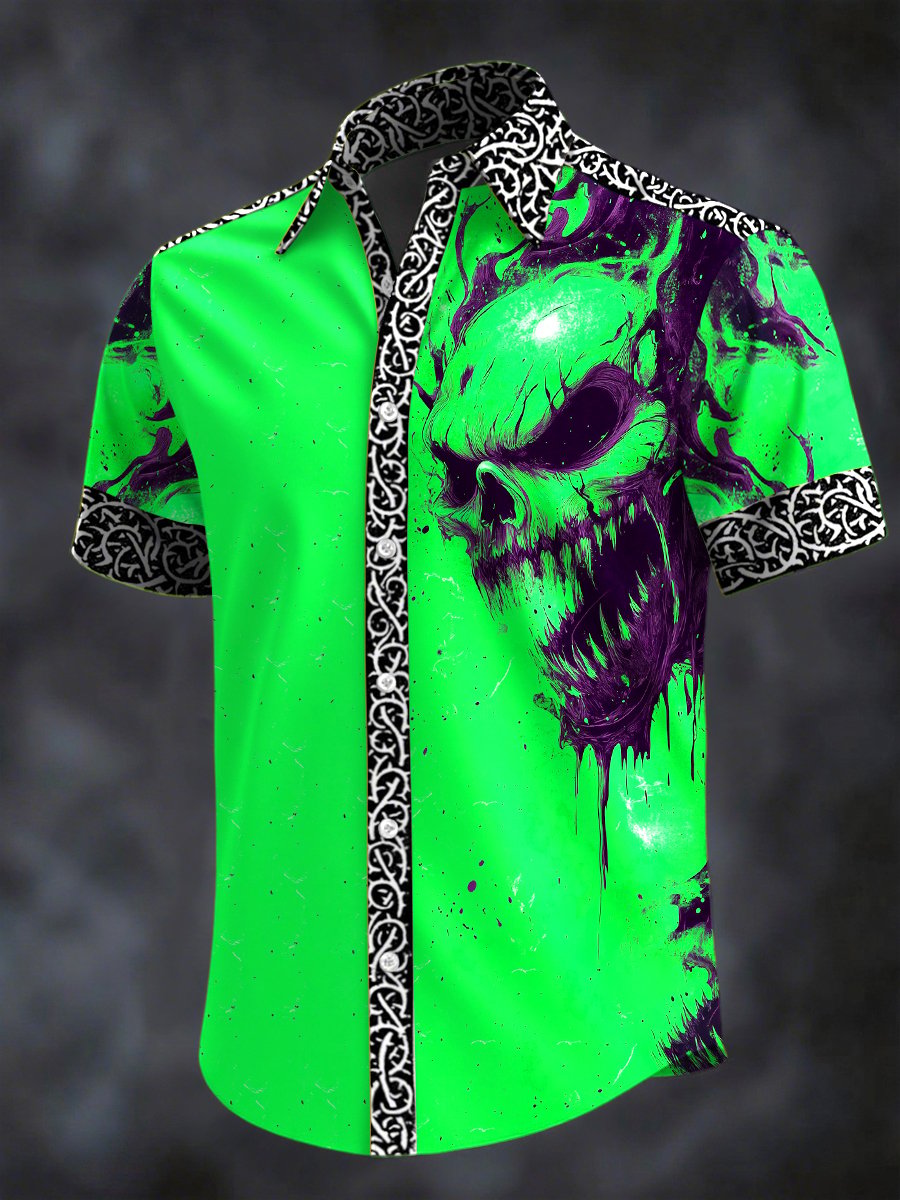 Men's Retro Horror Skull Print Lapel Short Sleeve Shirt