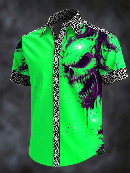 Men's Retro Horror Skull Print Lapel Short Sleeve Shirt