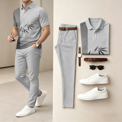 Men's  Ombré Color Short-Sleeve Polo Shirt and Pants Two-Piece Set