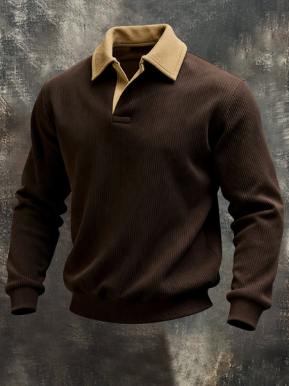 Men's Vintage Color-Block Polo Collar Sweatshirt
