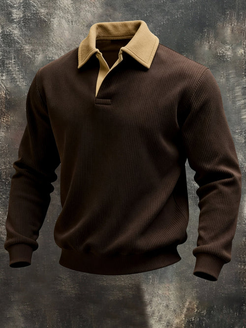 Men's Vintage Color-Block Polo Collar Sweatshirt