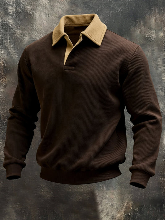Men's Vintage Color-Block Polo Collar Sweatshirt