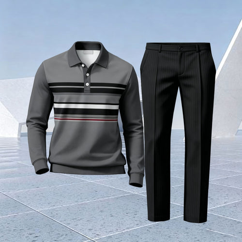 Men's Two-Piece Set: Color-Blocked Striped Polo Shirt and Pants