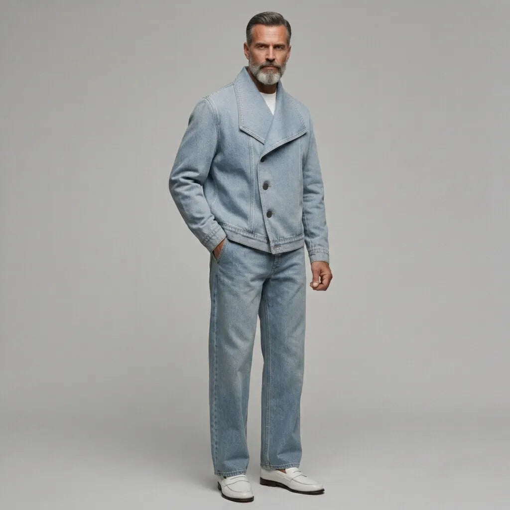 Men's Casual Light Blue Asymmetric Single Breasted Lapel Collar Denim Jacket