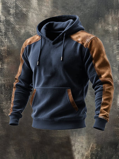 Men's Retro Stitching Contrast Color Hooded Casual Sweatshirt Suit
