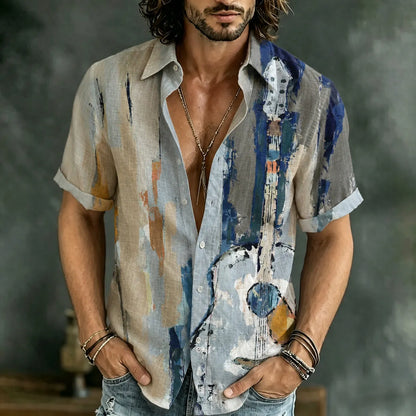 Men's Retro Hippie Pattern Short-sleeve Cotton Linen Shirt