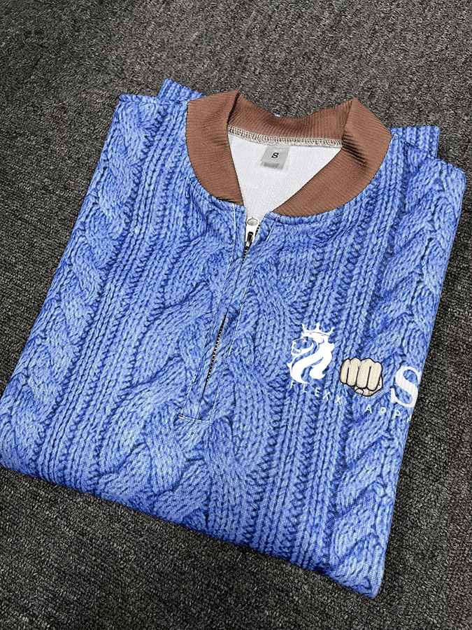 Men's Retro Letter Print Zipper Neck Knit Sweatshirt
