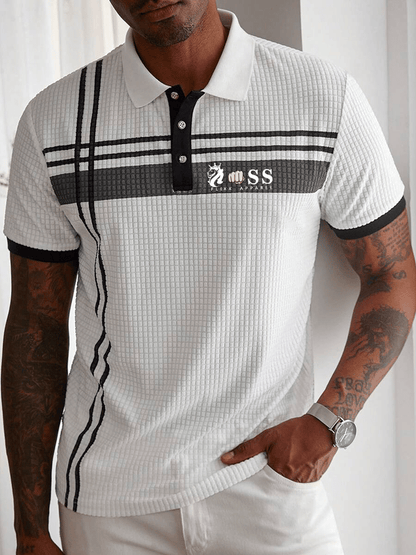 Men's Fashion Business Letter Printed Plaid Fabric Casual Polo Shirt