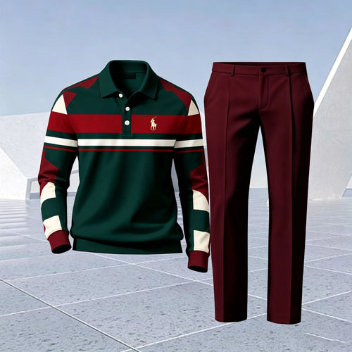 Men's Printed Polo Shirt and Pants Set