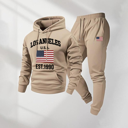 Men's Los Angeles USA Letter  Print Hoodie and Drawstring Sweatpants Set, Menswear, Casual Athletic Long Sleeve Hooded Jacket & Trousers for Fall & Winter, Men's Clothing for Daily Wear, Sportswear Indoor Outdoor, Tracksuit, Athleisure
