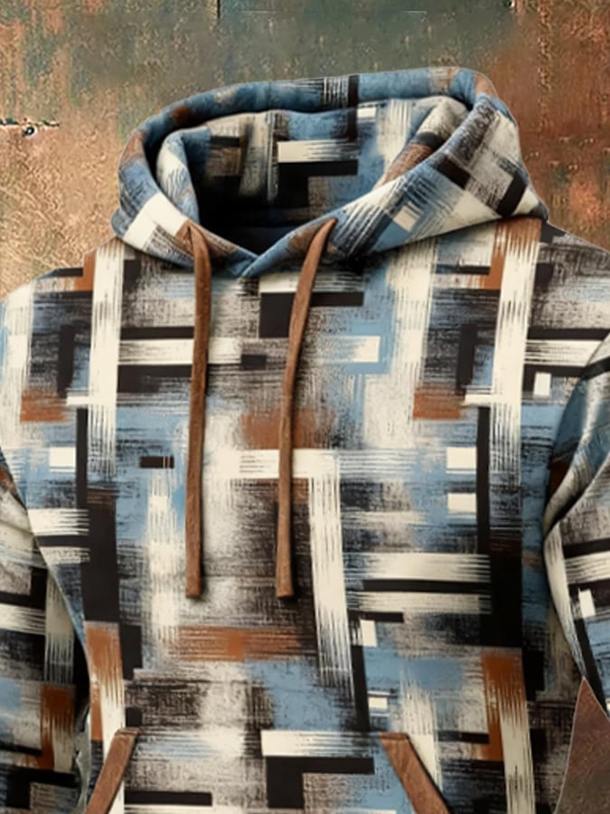 Men's Retro Distressed Color Block Print Casual Fur Collar Long Sleeve Sweatshirt
