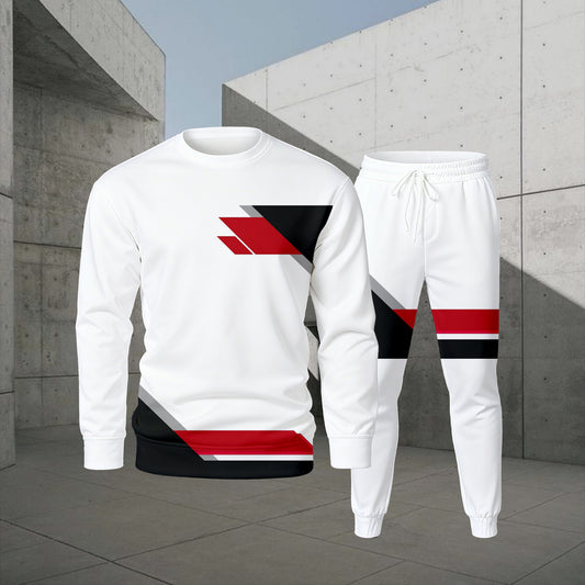 Men's Casual Color Matching Printed Round-Neck Long-Sleeve Sweatshirts Trousers Two-Piece Set