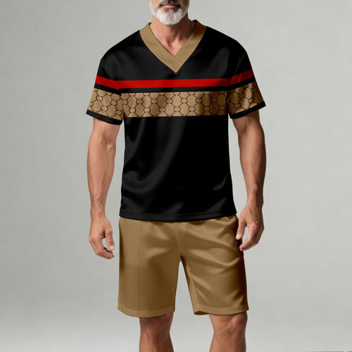 Men's Casual Geometric Print V-Neck Short-Sleeve T-Shirt And Shorts Two-Piece Set