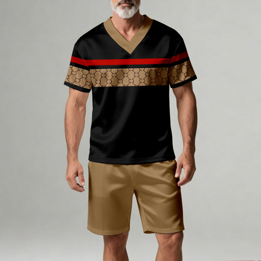 Men's Casual Geometric Print V-Neck Short-Sleeve T-Shirt And Shorts Two-Piece Set