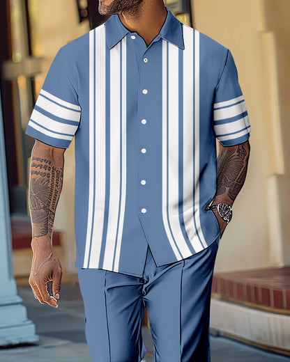 Men's Gorgeous Color Block Short Sleeve Shirt Walking Suit 1074