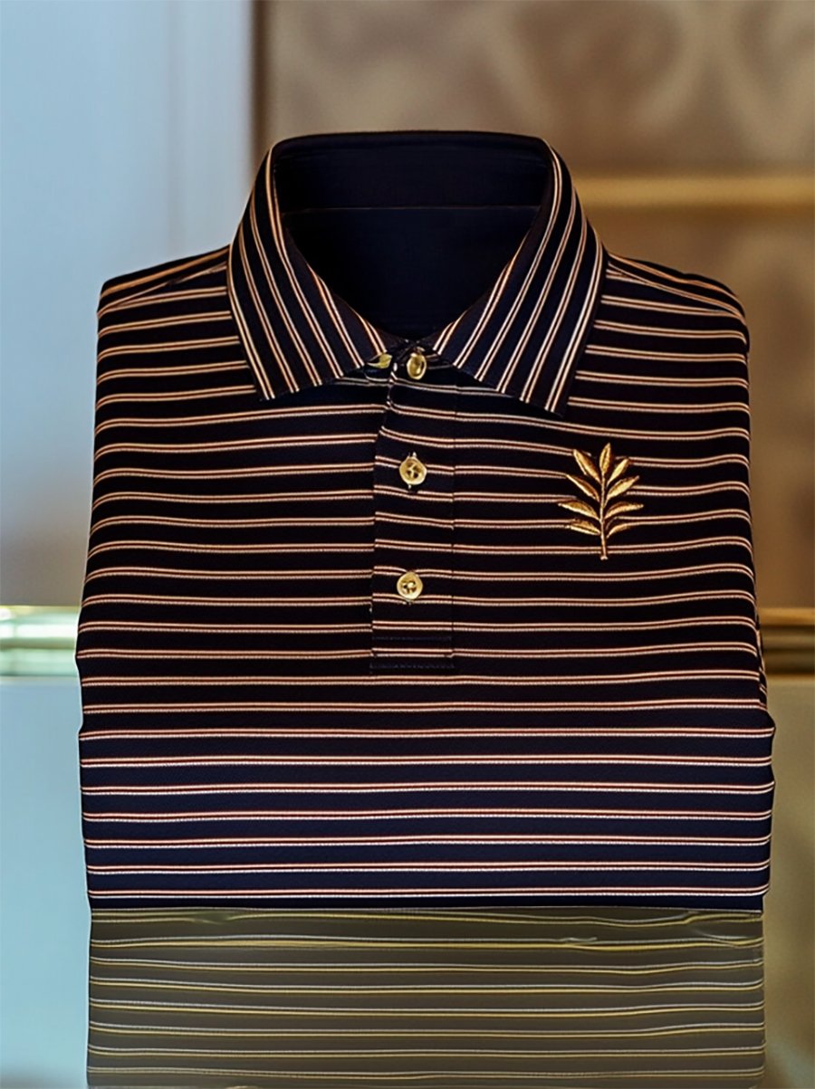 Men's Business Casual Striped Button Short Sleeve Polo Shirt