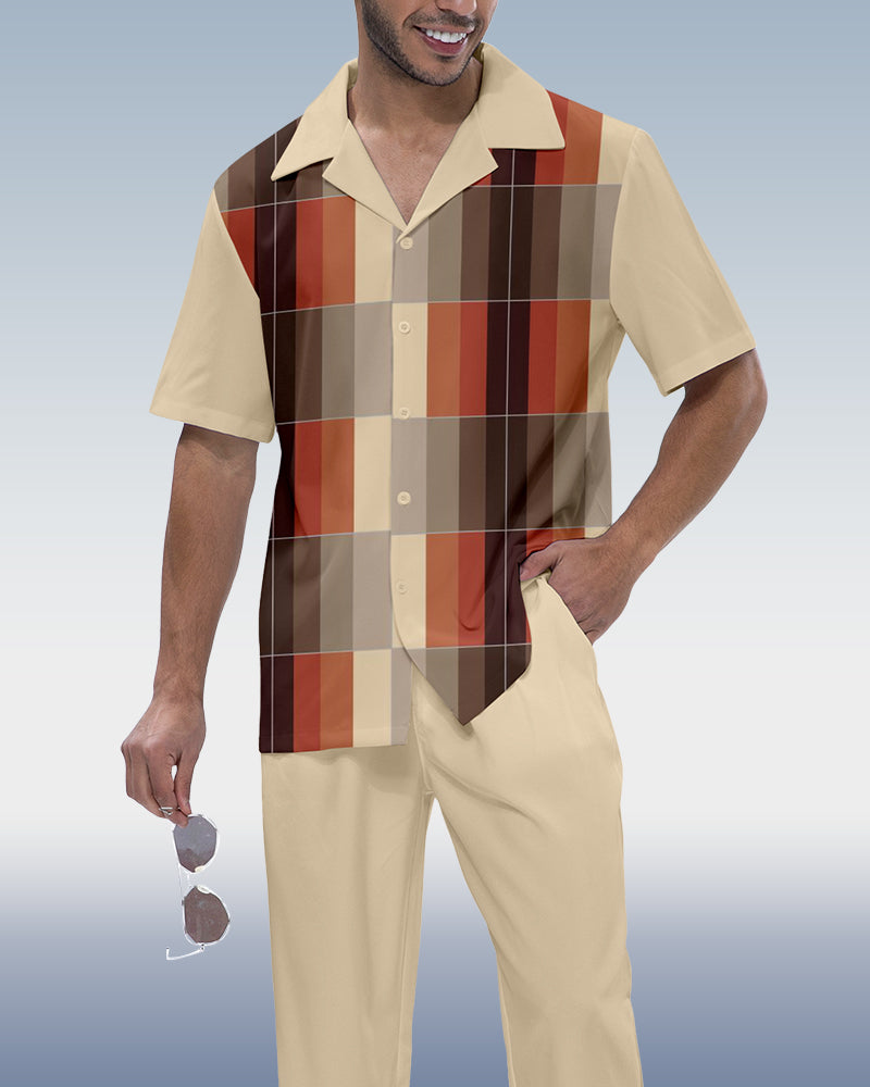 Men's Color Block Printed Short Sleeve Shirt Walking Set 1002