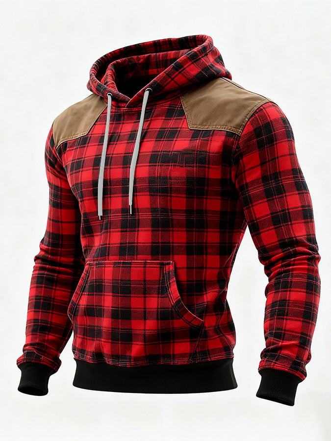 Men's Casual Retro Plaid Print Long Sleeve Hooded Sweatshirt